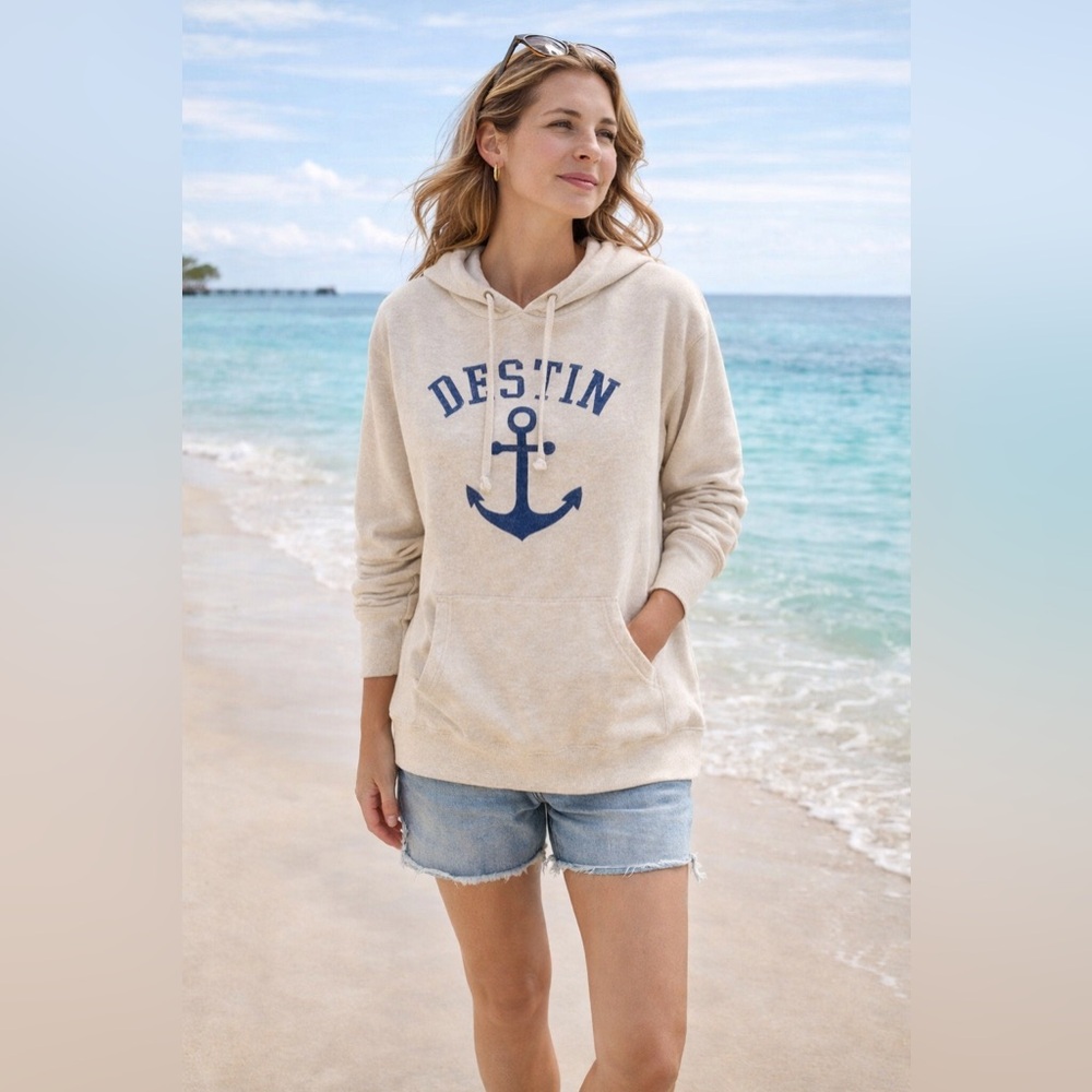 Blue 84 Destin Florida Anchor Hoodie Cream Coastal Graphic Pullover Size XL